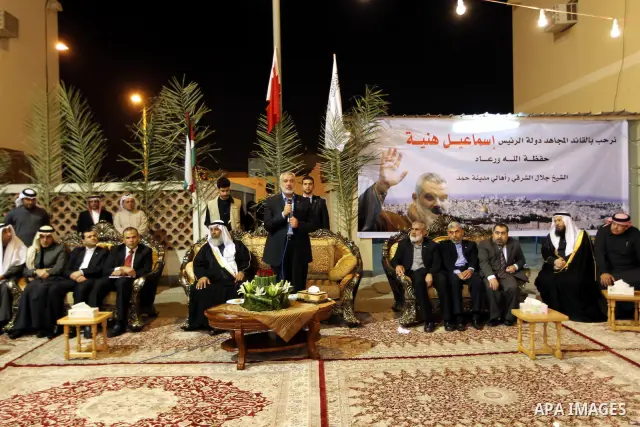 Palestinian Prime Minister in Gaza Strip, Ismail Haniyah, gestures as he speaks in front of Bahraini officials and citizens in the Bahraini capital of Manama on Feb.05, 2012. Photo by Mohammed Al-Ostaz
