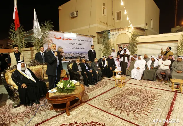 Palestinian Prime Minister in Gaza Strip, Ismail Haniyah, gestures as he speaks in front of Bahraini officials and citizens in the Bahraini capital of Manama on Feb.05, 2012. Photo by Mohammed Al-Ostaz