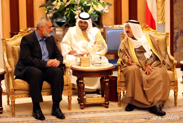 Palestinian Prime Minister in Gaza Strip, Ismail Haniyah meets with the Kuwait Emir and Crown Prince of Kuwaiti the Kuwait on Feb. 07, 2012. Photo by Mohammed Al-Ostaz .