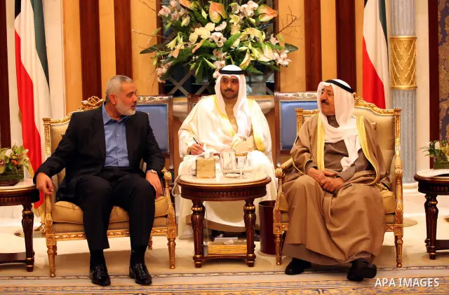 Palestinian Prime Minister in Gaza Strip, Ismail Haniyah meets with the Kuwait Emir and Crown Prince of Kuwaiti the Kuwait on Feb. 07, 2012. Photo by Mohammed Al-Ostaz .