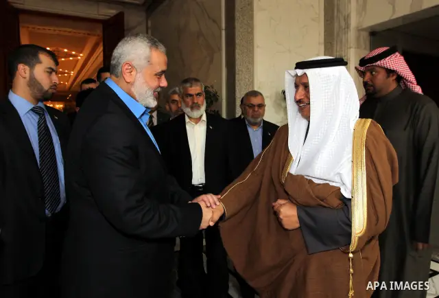 Palestinian Prime Minister in Gaza Strip, Ismail Haniyah meets with the Kuwait Emir and Crown Prince of Kuwaiti the Kuwait on Feb. 07, 2012. Photo by Mohammed Al-Ostaz .