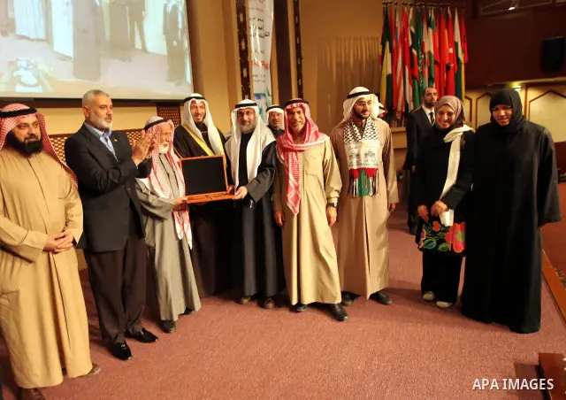 The Hamas prime minister in Gaza, Ismail Haniya, attends a ceremony honouring him at the International Islamic Charitable Organization in Kuwait City on February 8, 2012. Photo by Mohammed Al-Ostaz