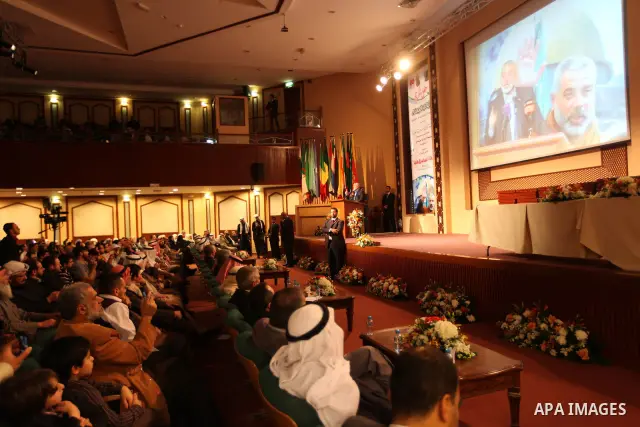 The Hamas prime minister in Gaza, Ismail Haniya, (not seen) attends a ceremony honouring him at the International Islamic Charitable Organization in Kuwait City on February 8, 2012. Photo by Mohammed Al-Ostaz