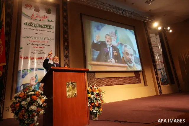 The Hamas prime minister in Gaza, Ismail Haniya, attends a ceremony honouring him at the International Islamic Charitable Organization in Kuwait City on February 8, 2012. Photo by Mohammed Al-Ostaz