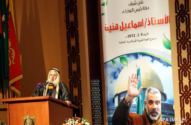 Official Kuwaiti receives The Hamas prime minister in Gaza, Ismail Haniya during attends a ceremony honouring him at the International Islamic Charitable Organization in Kuwait City on February 8, 2012. Photo by Mohammed...