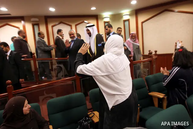 The Hamas prime minister in Gaza, Ismail Haniya, attends a ceremony honouring him at the International Islamic Charitable Organization in Kuwait City on February 8, 2012. Photo by Mohammed Al-Ostaz