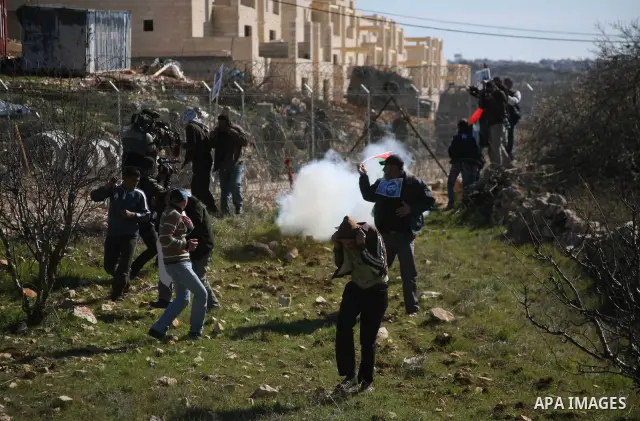 An Israeli soldier pulls at the arm of a Palestinian youth during a protest close to the village of Beit Omar, in the Israeli occupied West Bank, just north of the town of Hebron, on February 11, 2012, as Israelis, forei...