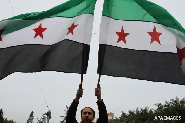 Palestinian demonstrators hold the Syrian national flag during a rally against Syrian President Bashar al-Assad's regime on February 12, 2012 in Gaza City. Photo by Mohammad Asad