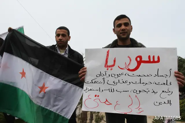 Palestinian demonstrators hold the Syrian national flag during a rally against Syrian President Bashar al-Assad's regime on February 12, 2012 in Gaza City. Photo by Mohammad Asad