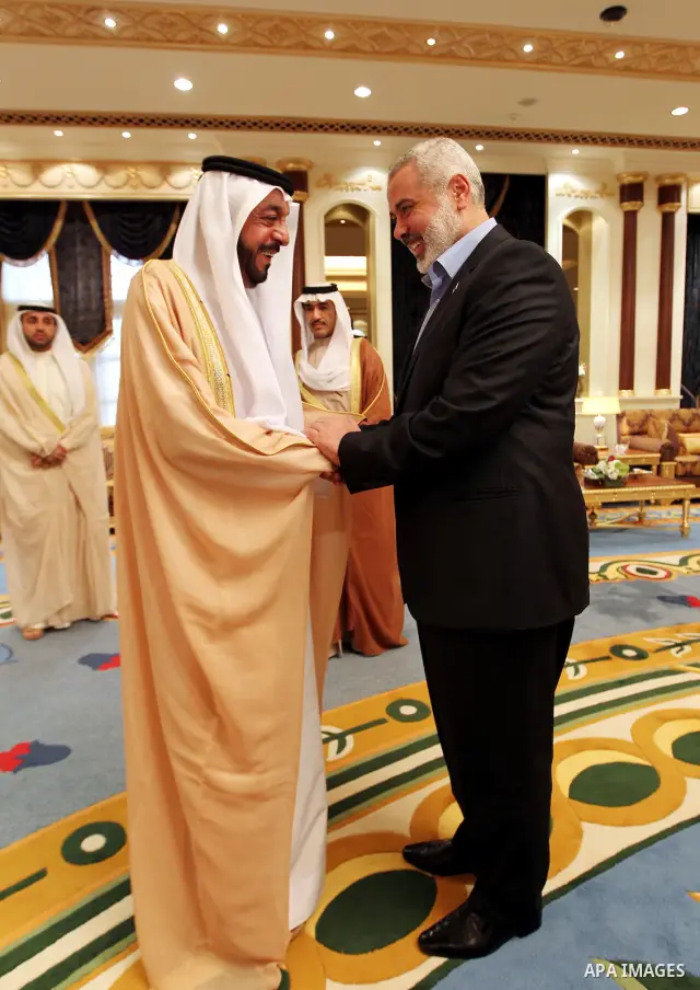 President of the United Arab Emirates receives, prime minister of the Gaza strip and leading member of the Hamas movement, Ismail Haniyeh during his access to Emirates, On Feb. 13, 2012. Photo by Mohammed Al-Ostaz