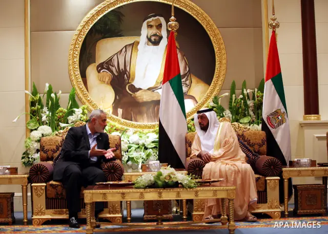 President of the United Arab Emirates receives, prime minister of the Gaza strip and leading member of the Hamas movement, Ismail Haniyeh during his access to Emirates, On Feb. 13, 2012. Photo by Mohammed Al-Ostaz