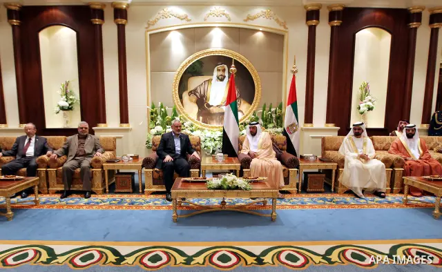 President of the United Arab Emirates receives, prime minister of the Gaza strip and leading member of the Hamas movement, Ismail Haniyeh during his access to Emirates, On Feb. 13, 2012. Photo by Mohammed Al-Ostaz