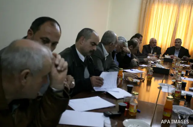 Palestinian factions leaders attend a meeting to discuss the issue of the Palestinian prisoner Khader Adnan, 33 jailed in Israel a jailed senior member of Islamic Jihad who has been on hunger strike for nearly 60 days da...