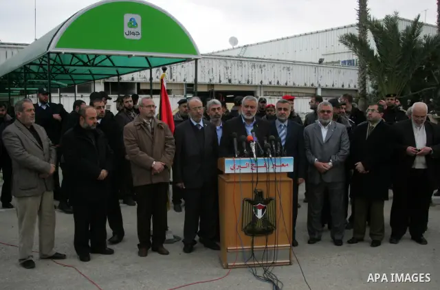 Palestinian Prime Minister in Gaza Strip, Ismail Haniyeh arrives to the Gaza Strip through Rafah border crossing between the Gaza Strip and Egypt ,Thursday, Feb. 16, 2012. Haniyeh's trip included a visit to Iran where he...