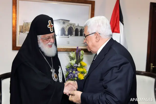 Palestinian President Mahmoud Abbas (Abu Mazen) meets with Patriarch Omom Georgia Ilya Al thani in the West bank City of Ramallah on Feb. 18, 2012. Photo by Thaer Ganaim