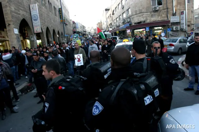 Israeli border policemen stand guard outside the Al-Aqsa mosque compound in Jerusalem’s Old City on February 21, 2012 after Israeli police and tourists visiting the site were stoned according to a police spokesman. A Pal...