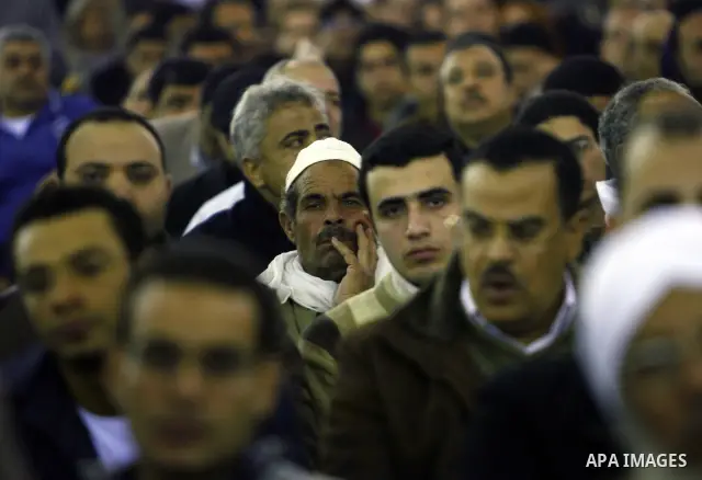 Egyptians attend press conference to the one of the most popular presidential candidates in Egypt, Abed al-Monaem Abu al-Fatouh, during speaking to media during a press conference at his house in al-Samman neighbourhood...