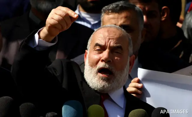 The spokesman of Hamas Parliament, Ahmed Bahar delivers speech during a press conference in a demonstration in Gaza City on February 23, 2012 against the arrest of three Palestinians in Jerusalem's old city that houses t...