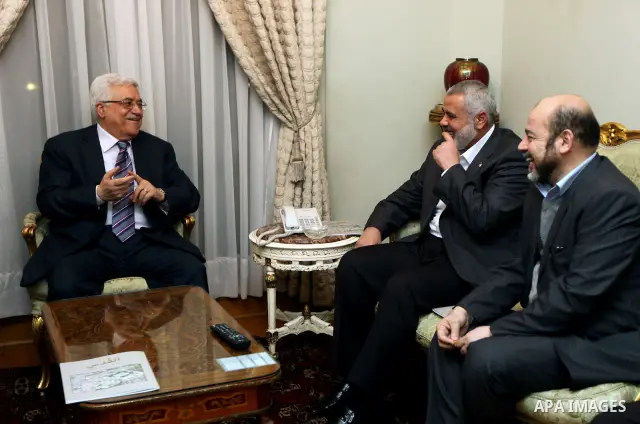 Palestinian President Mahmoud Abbas, and prime minister in gaza strip, Ismael Hanyah, during a meeting between Fatah and Hamas in Cairo, Egypt, 23 February 2012. According to media reports, the leaders of the Palestinian...