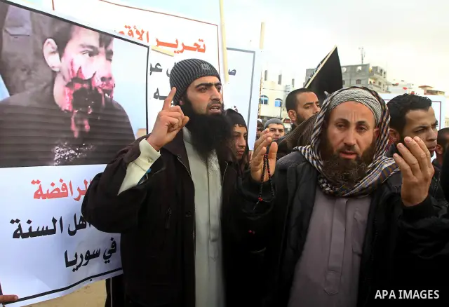 A Palestinian Salafist takes part in a protest against Syria's President Bashar al-Assad in Rafah in the southern Gaza Strip February 24, 2012. Photo by Ashraf Amra