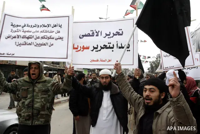 A Palestinian Salafist takes part in a protest against Syria's President Bashar al-Assad in Rafah in the southern Gaza Strip February 24, 2012. Photo by Abed Rahim Khatib