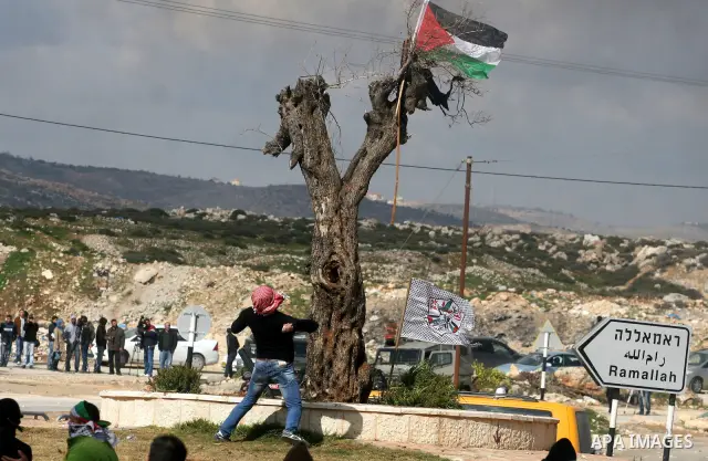 Tires burn as Palestinians clash with Israeli troops in the West Bank neighbourhood of Al-Ram, adjacent to Israeli-annexed east Jerusalem, on February 25, 2012. At least nine Palestinians were injured in the clashes foll...