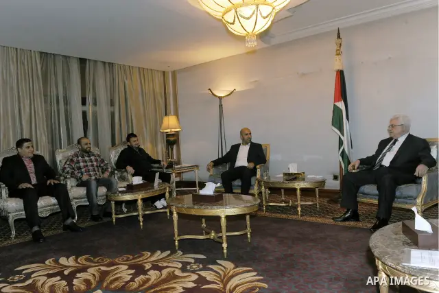 Palestinian President, Mahmoud Abbas (Abu Mazen), during a meeting with prisoners deported by Israel to Syria, in Qatar, on Feb 25, 2012. Photo by Thaer Ghanaim
