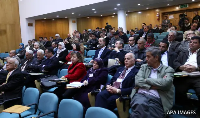 Palestinian Prime Minister Salam Fayyad, attends meeting the Al- Quds university, under the title (successes, obstacles and future prospects) in the West Bank City of Jerusalem, on Mar. 14, 2012. Photo by Mustafa Abu Da...