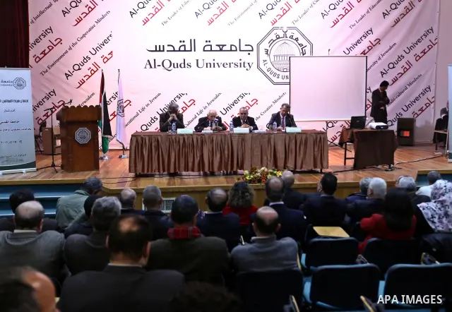 Palestinian Prime Minister Salam Fayyad, attends meeting the Al- Quds university, under the title (successes, obstacles and future prospects) in the West Bank City of Jerusalem, on Mar. 14, 2012. Photo by Mustafa Abu Da...