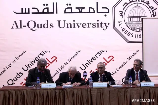 Palestinian Prime Minister Salam Fayyad, attends meeting the Al- Quds university, under the title (successes, obstacles and future prospects) in the West Bank City of Jerusalem, on Mar. 14, 2012. Photo by Mustafa Abu Da...