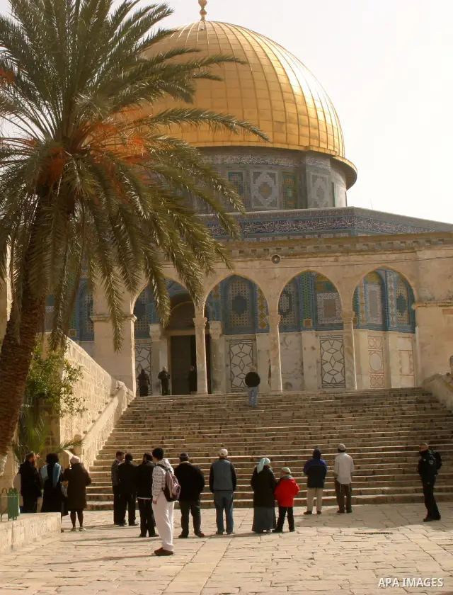 Palestinians and Jewish settler look to the dome of the rock at Al-Aqsa mosque in the old city of Jerusalem on Mar. 14, 2012. Photo by Mahfouz Abu Turk