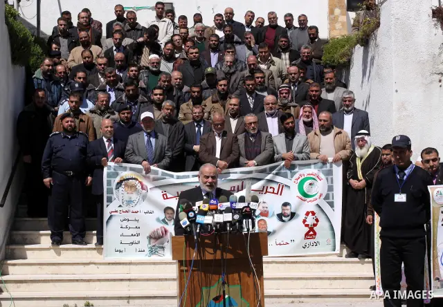 The spokesman of Hamas Parliament, Ahmed Bahar delivers speech during a press conference weekly protest calling for release the prisoners ,in Gaza City on March 19, 2012. Photo by Mohammed Asad