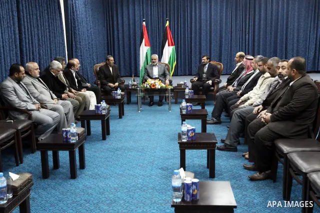 Palestinian Prime Minister in Gaza Strip, Ismail Haniyeh, receives, delegation of the General Command in his office in Gaza City, on Mar. 19, 2012. Photo by Ahmed Shaat