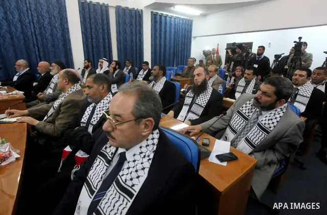 Members of Egyptian parliamentary delegation During a visit to the Palestinian Legislative Council in gaza City, on March 28, 2012. The delegation is on a solidarity visit with the Palestinian people to the Hamas-run Gaz...