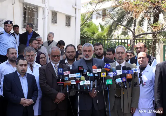 Palestinian Hamas premier in the Gaza Strip, Ismail Haniya speaks during press conference in front of Al-Shefa hospital during his visits Palestinian prisoner Hanaa Shalabi in Gaza City on April 2, 2012. Photo by Mohamme...