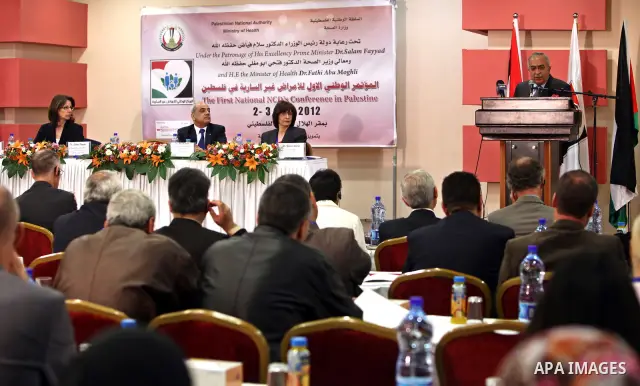 Palestinian Prime Minister, Salam Fayyad, speaks at the first conference for communicable diseases in the West Bank city of Ramallah, on Apr. 02, 2012. Photo by Mustafa Abu Dayeh