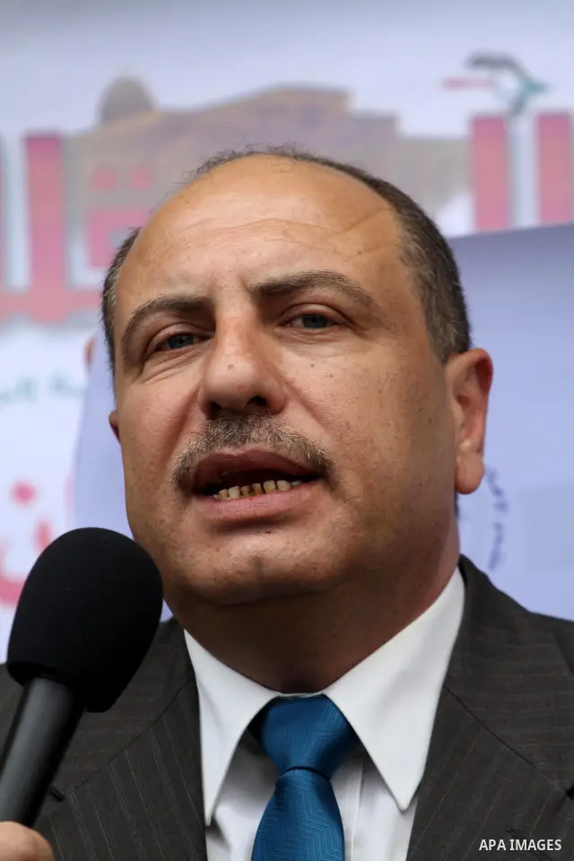 Manager of Al Mezan Center for Human Issam Younis, delivers speech during a press conference against arrest of the journalist Yousef Al Shaib in the West Bank, today in Gaza City on Apr. 04, 2012. Photo by Mohammed Asad