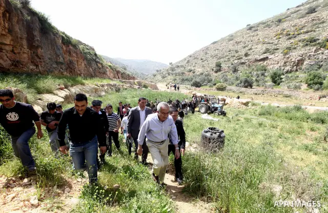 Palestinian Prime Minister Salam Fayyad arrives to pay a visit to support Palestinian farmers in the Yanun village near the West Bank City of Nablus, 05 April 2012. The village was temporarily abandoned by its residents...