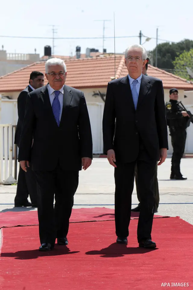 Palestinian President Mahmoud Abbas, meets with Italy's Prime Minister Mario Monti past an honour guard during a welcoming ceremony in the West Bank city of Ramallah April 8, 2012. Photo by Thaer Ganaim