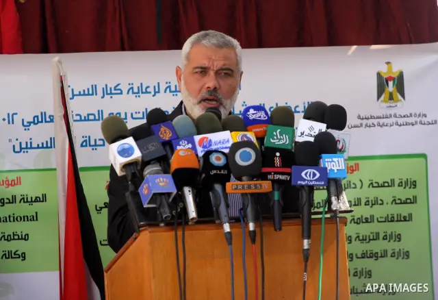 Palestinian Prime Minister in Gaza Strip, Ismail Haniya, speaks during press conference during the opening of the hospital for the elderly in Gaza City, on Apr. 08, 2012. Photo by Mohammed Asad