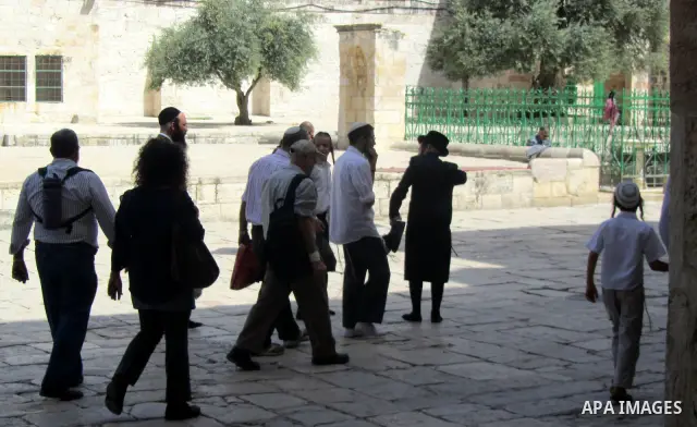Jewish settlers stand in the yards of Al Aqsa Mosque in the old city of Jerusalem on Apr. 08, 2012. Photo by Mahfouz Abu Turk