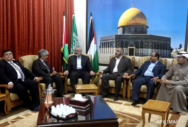 Palestinian Prime Minister in Gaza Strip, Ismail Haniya meets with the Bahrani delegation during at his house in Gaza city on April 11,2012. The Bahrani delegation is in an official visit to the Gaza Strip for three days...