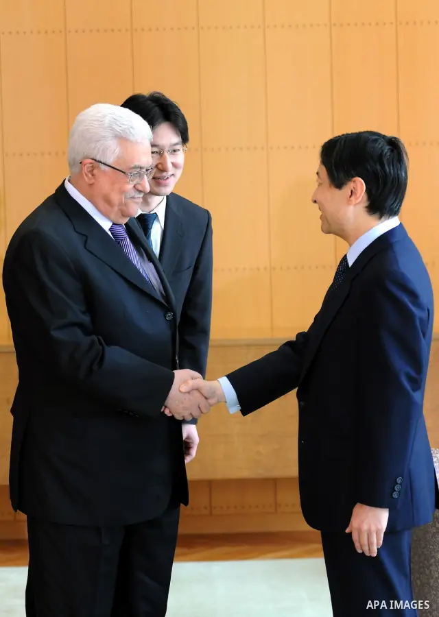 Palestinian President, Mahmoud Abbas (Abu Mazen) meets with Crown Prince of Japan, Prince Naruhito in Tokyo, on April, 13, 2012. Photo by Thaer Ganaim