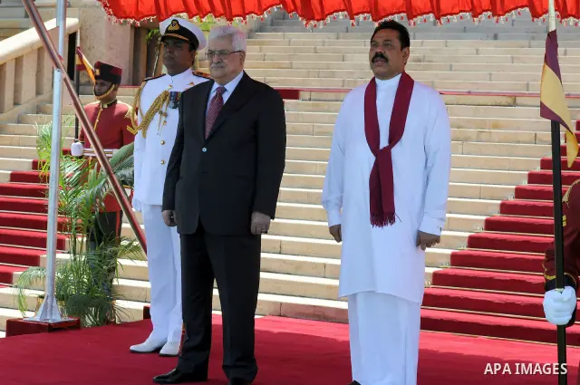 Palestinian President, Mahmoud Abbas (Abu Mazen), arrives to Sri Lanka, and meets with Sri Lankan, President, Mahinda Rajpxh, in Colombo on April, 16, 2012. Photo by Thaer Ganaim