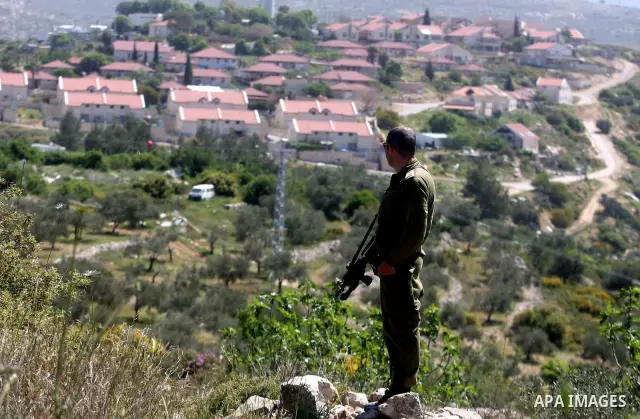 An Israeli soldier stands near the olive trees after the Jewish settlers from the Israeli settlement cutting down olive trees in the village Betlo in the West Bank, on Monday, April.16, 2012. Photo by Issam Rimawi