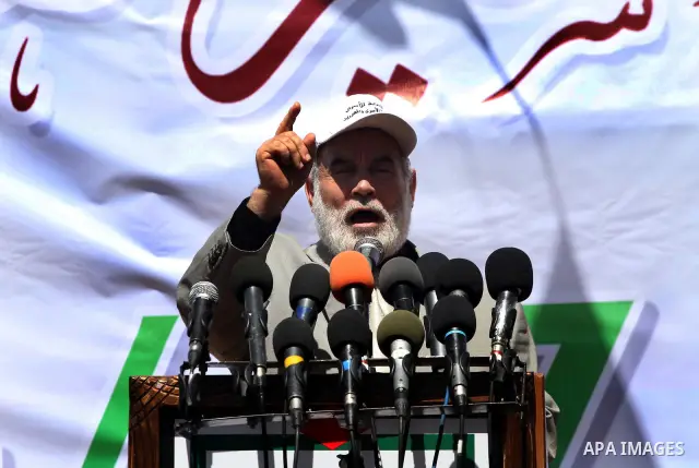 The spokesman of the parliament Ahmed Bahr delivers speech during a rally in Gaza City on April 17, 2012 in solidarity with Palestinian prisoners held in Israel. Some 1,200 Palestinian prisoners held in Israeli jails hav...