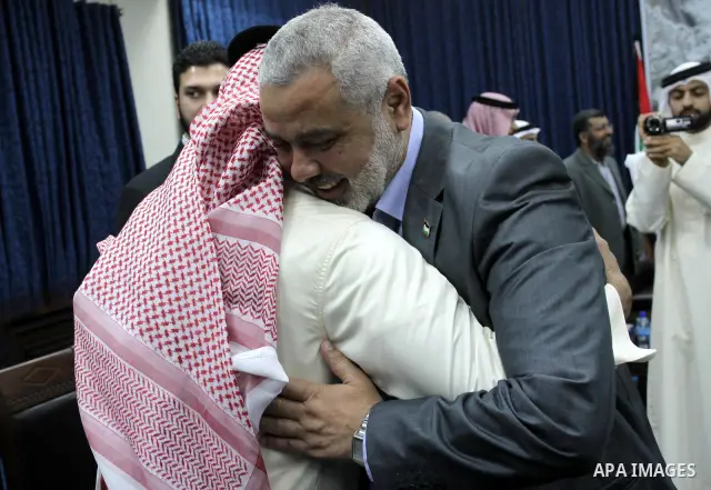 Palestinian Prime Minister in Gaza Strip, Ismail Haniya receives the Bahrani delegation in his office in Gaza city on April 18, 2012. Photo by Mohammed Asad
