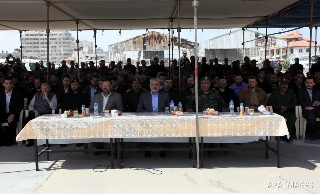 Palestinian Prime Minister in Gaza Strip, Ismail Haniya attends a graduation ceremony from a military course "Martyrs of Homeland Security" in Gaza City, on April, 19, 2012.. Photo by Ahmad Shaat