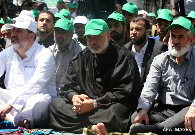 Palestinian Prime Minister in Gaza Ismail Haniya attends a protest in solidarity with Palestinian prisoners being held in Israeli jails, following the Friday noon prayers, in Gaza City, on April 20, 2012. Photo by Mohamm...