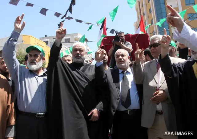 Palestinian Prime Minister in Gaza Ismail Haniya attends a protest in solidarity with Palestinian prisoners being held in Israeli jails, following the Friday noon prayers, in Gaza City, on April 20, 2012. Photo by Mohamm...